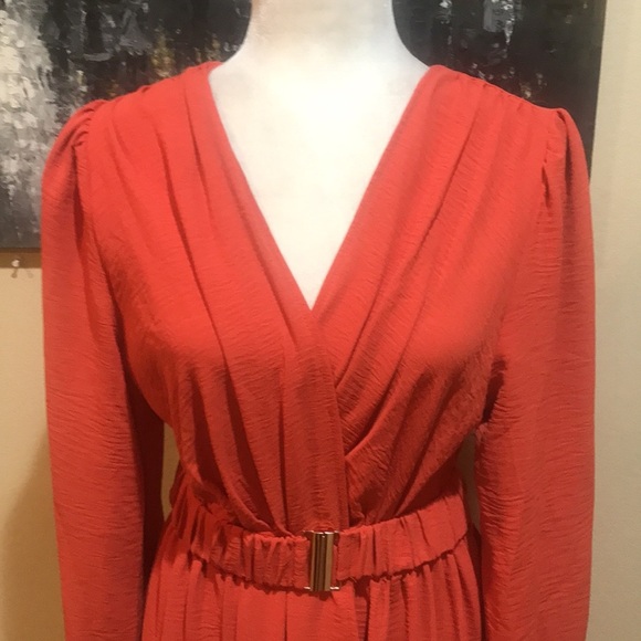 Orange Long Ruffled Sleeve Faux Wrap Belted Waist Maxi Dress-Size M - Picture 5 of 14
